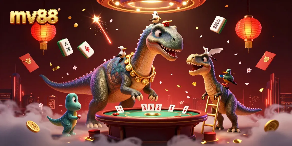 Experience casino excitement with mv88 featuring a vibrant 3D dinosaur scene full of gaming elements.