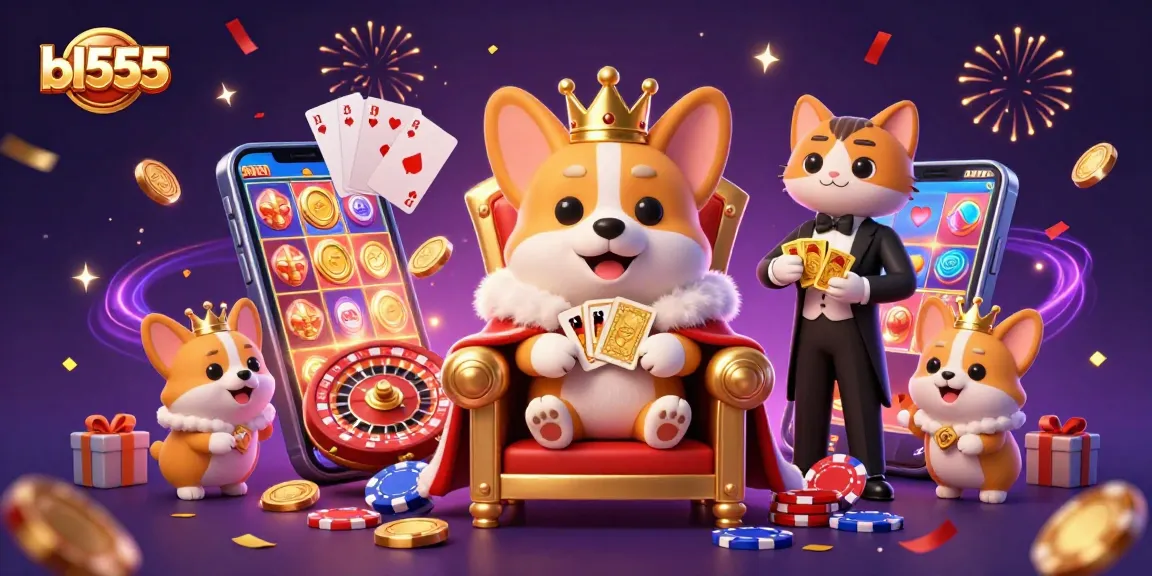 Experience the excitement at bl555 with a royal corgi surrounded by casino games and gold!