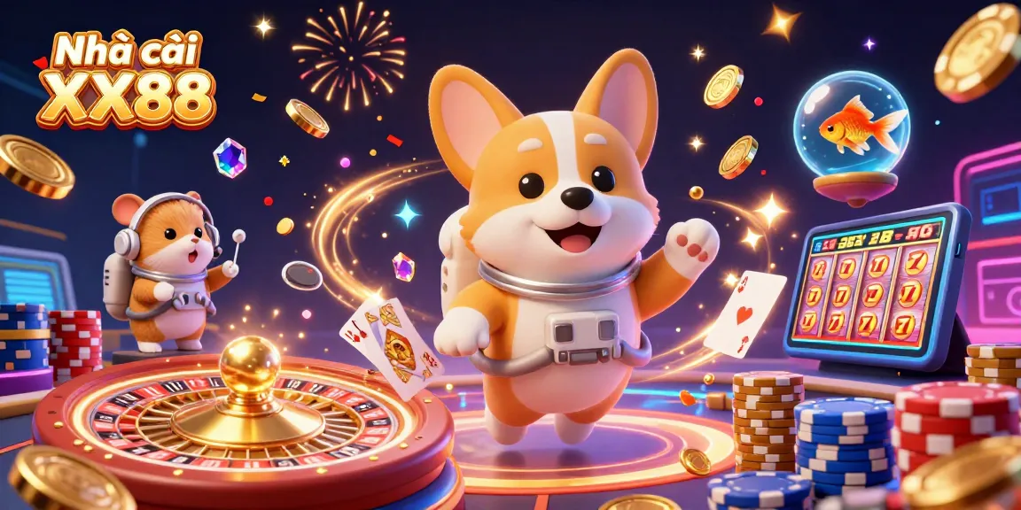 Engage with Nhà cái XX88 through this vibrant 3D casino scene featuring a playful astronaut corgi and festive gambling elements.