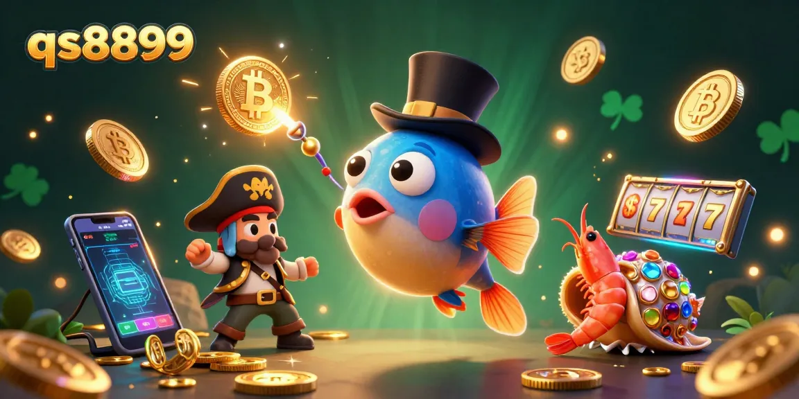 Join the excitement at qs8899, where a cartoon anglerfish and friends attract golden coins and crypto waves!