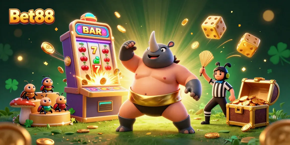 Experience exciting wins at Bet88 with a thrilling 3D casino illustration featuring a beetle sumo champion.