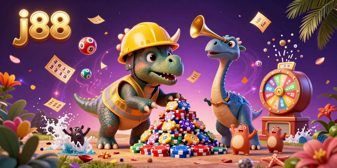 The triceratops at j88 builds poker chip pyramids amidst colorful casino elements, celebrating the thrill of gambling.