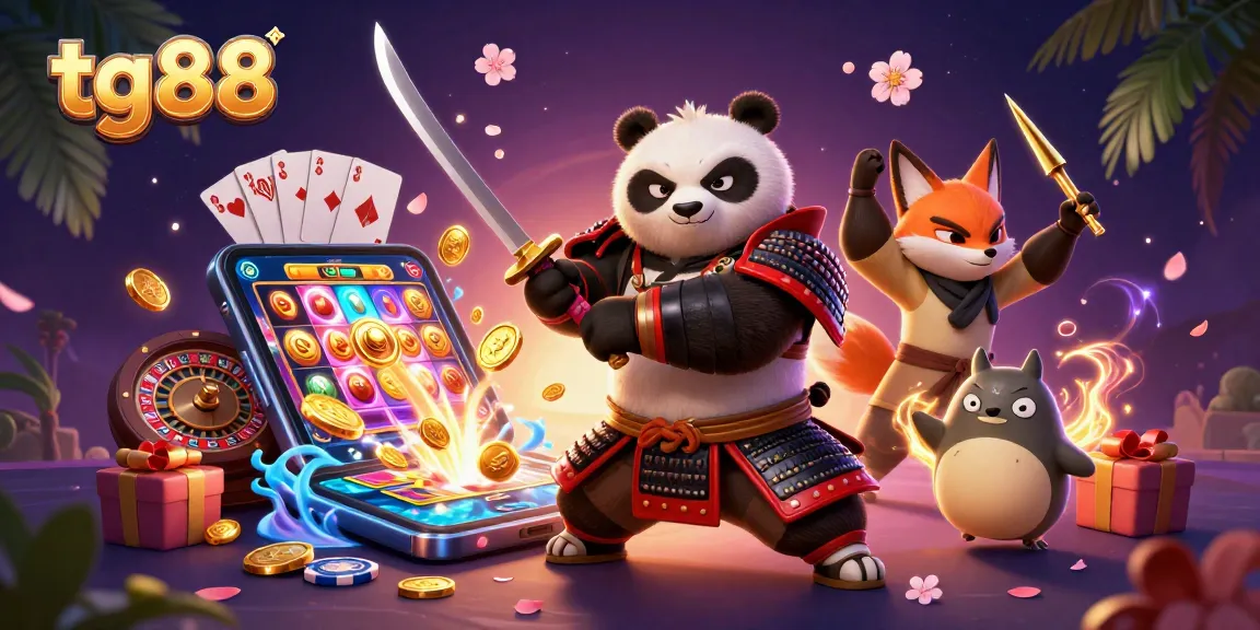 Experience the thrill of tg88 as the samurai panda and ninja fox engage in vibrant gambling excitement.
