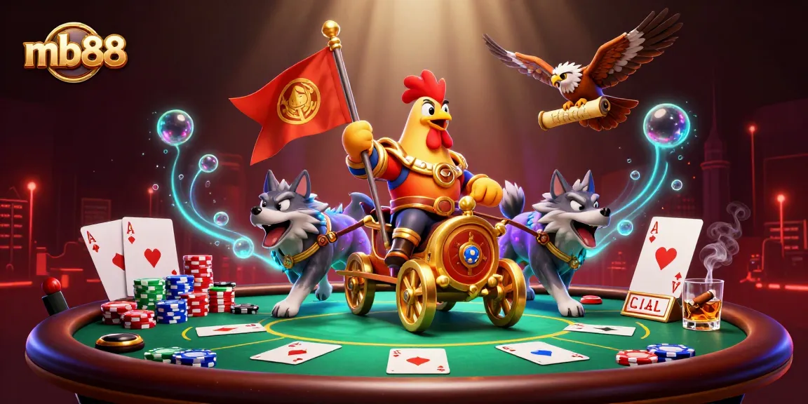 Experience mb88 excitement with a dramatic 3D scene featuring a rooster warlord and poker elements.