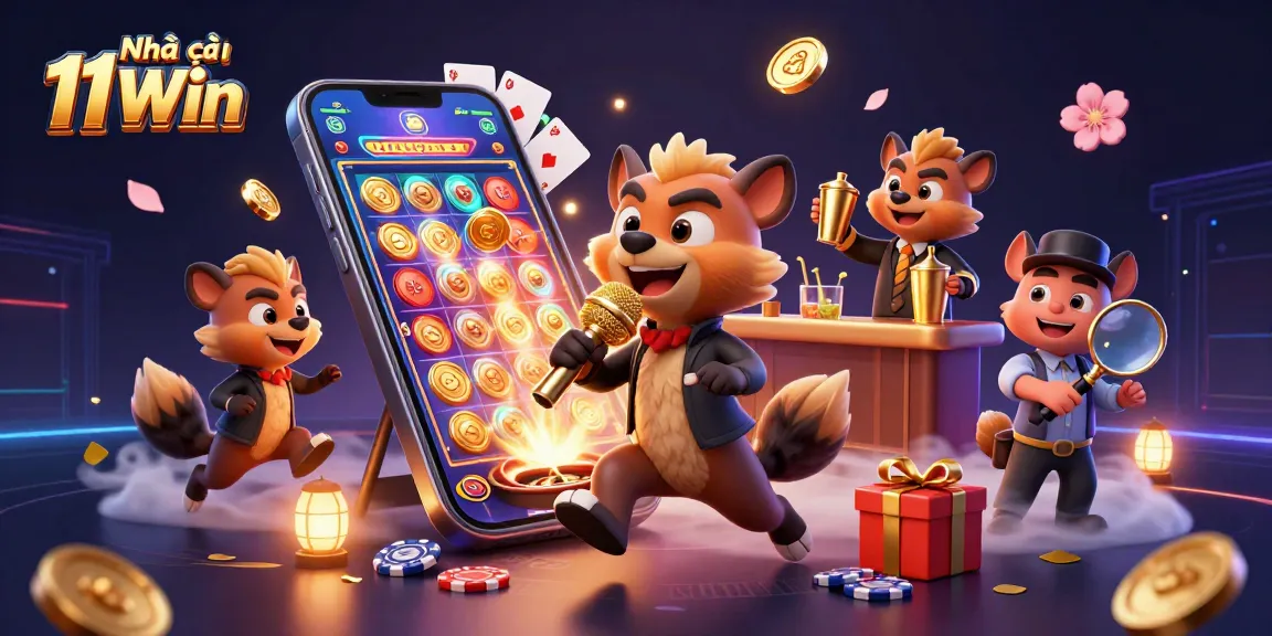 Experience fun with Nhà cái 11Win at a vibrant comedy casino club with lively hyena characters.