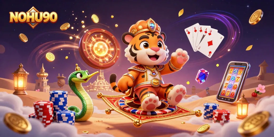 NOHU90 showcases a thrilling 3D casino illustration featuring a tiger sultan and a genie with gaming elements.