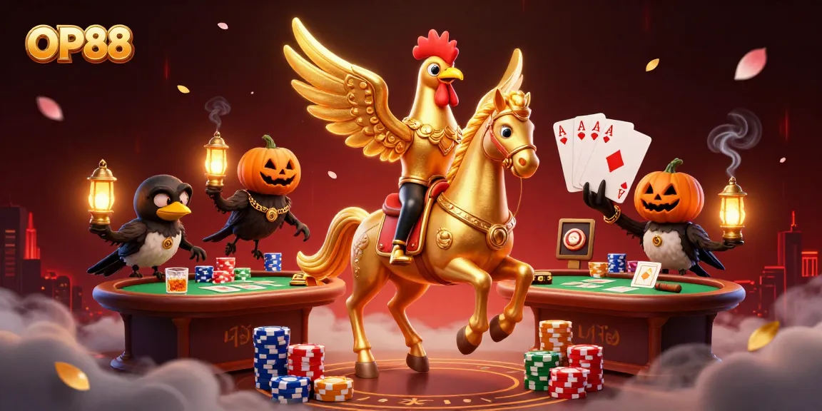 Win big with OP88 at the vibrant casino scene featuring a golden rooster and poker action.