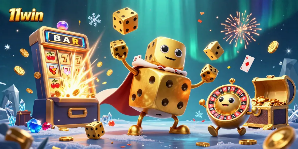 Engage with 11win's vibrant 3D casino scene showcasing golden dice and slot machines.