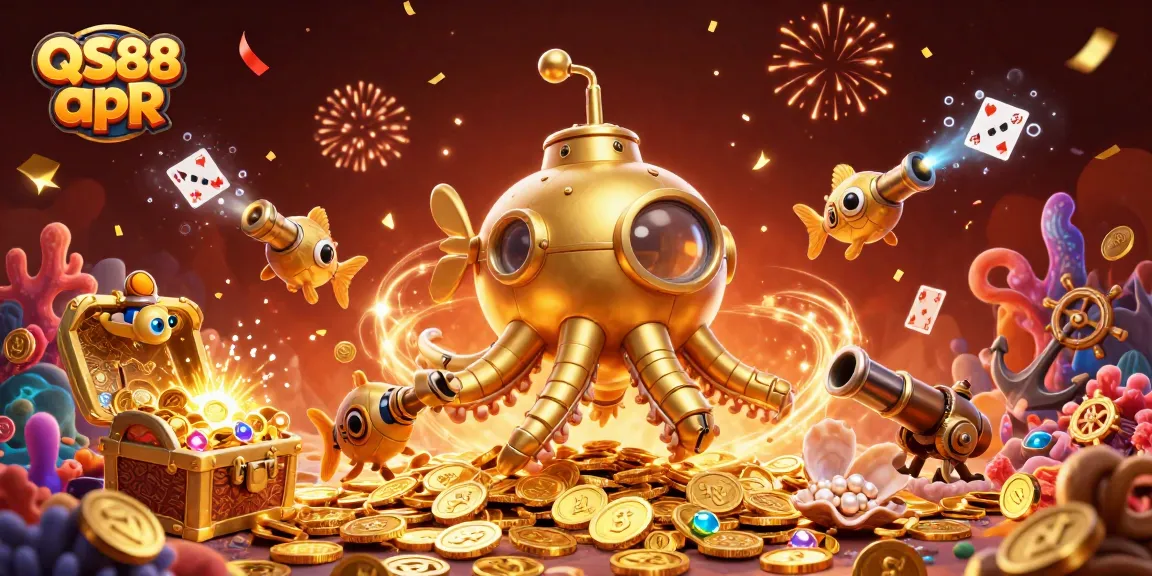 Experience excitement at QS88 apR with a vibrant underwater casino scene filled with gold coins and games.
