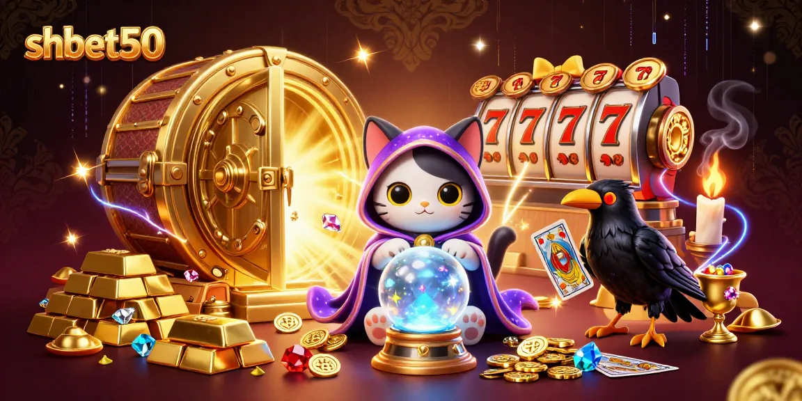 Bet bright with shbet50 in an exciting casino scene featuring a mystic cat and treasures.