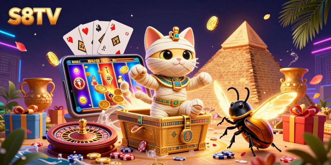 S8TV offers exciting sports betting action with a 3D mummy cat in a vibrant casino setting.
