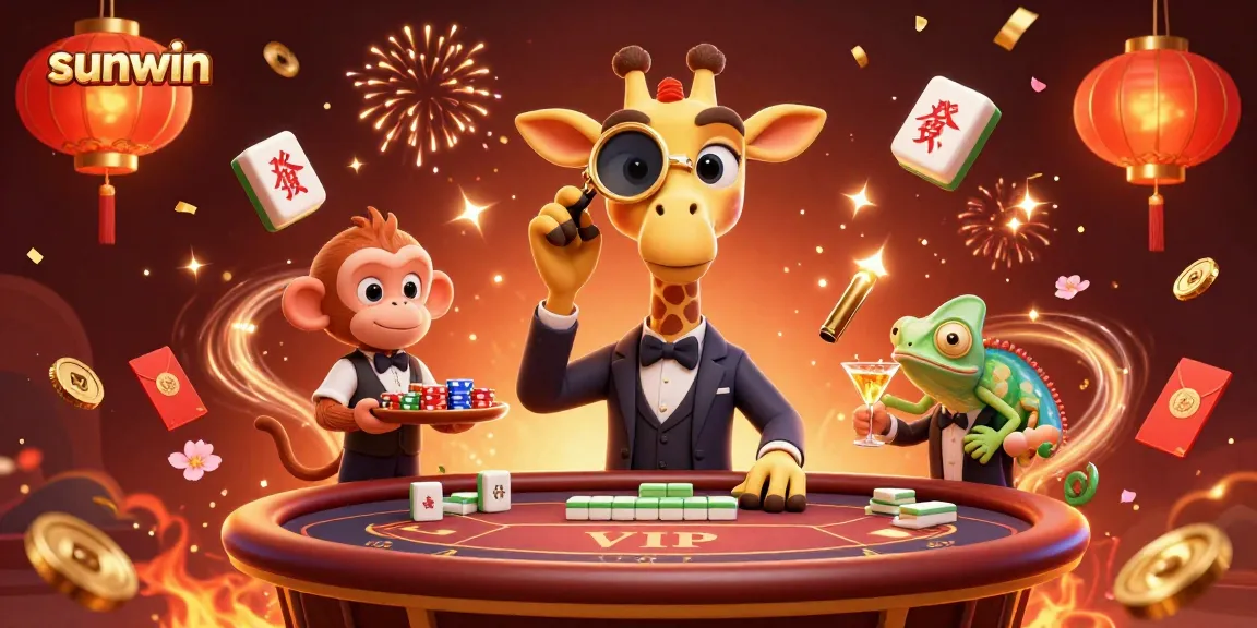 Sunwin high-roller giraffe at a VIP poker table, surrounded by vibrant casino elements.