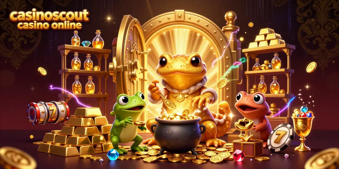 Experience fun at casinoscout casino online with a gold-filled scene featuring charming characters and jackpot elements.