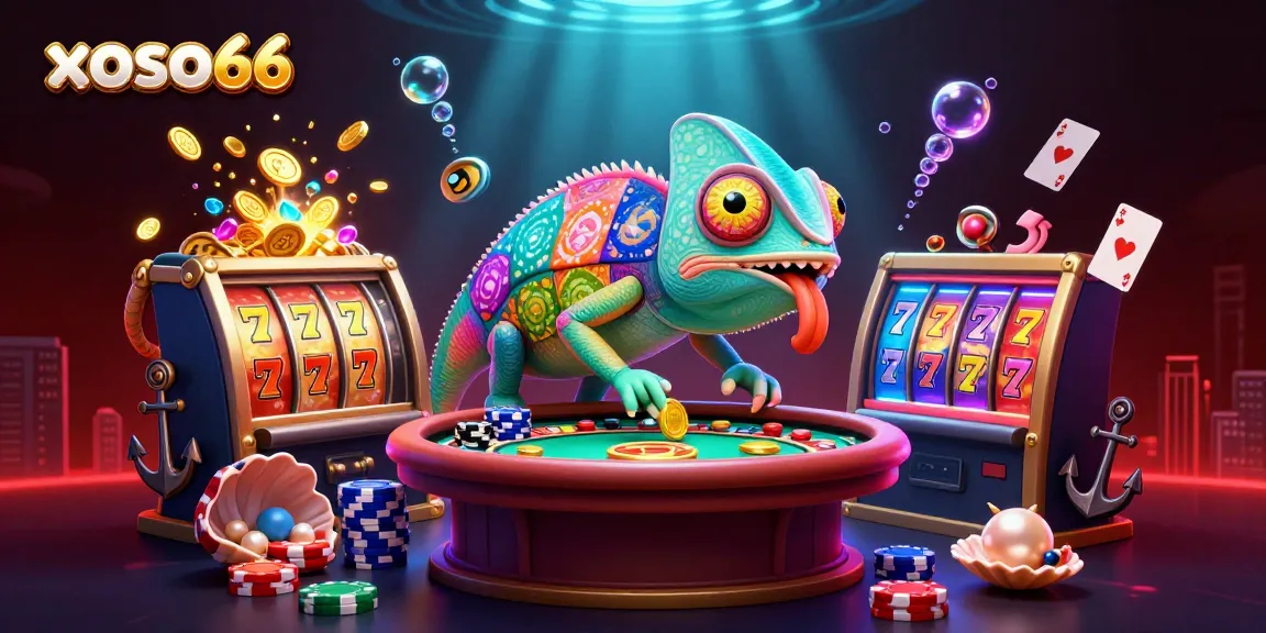 xoso66 chameleon casino owner catches golden coins while surrounded by roulette and vibrant slot elements.