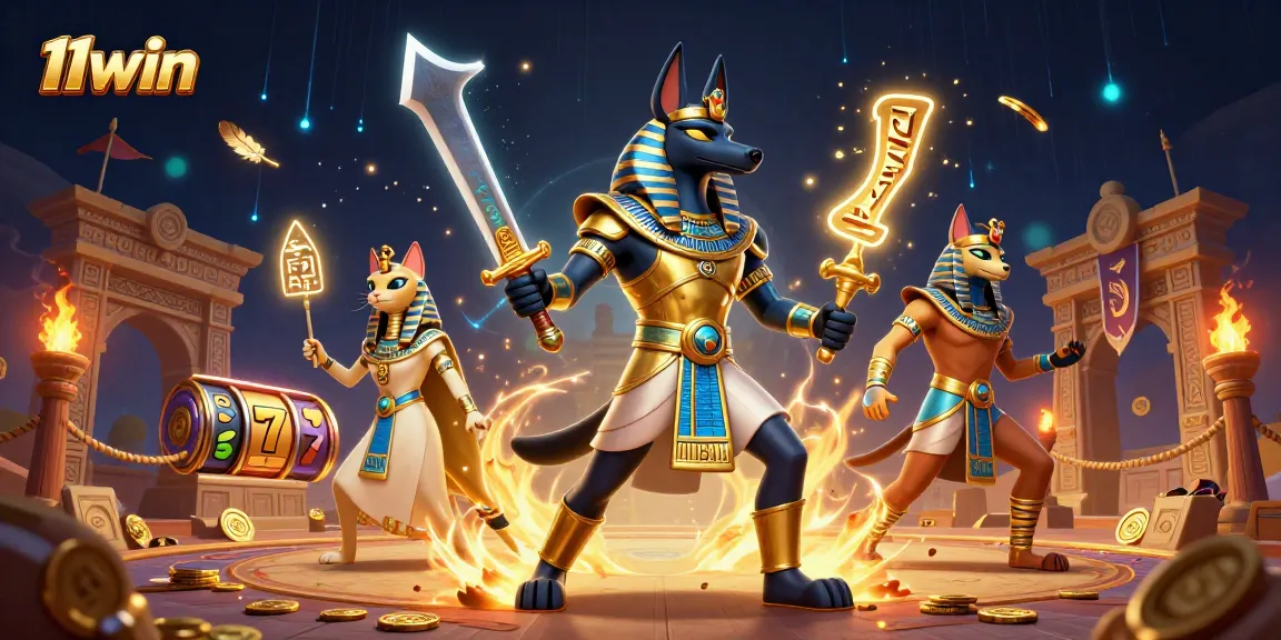 Experience thrilling gameplay with the 11win brand featuring Anubis and Bastet in a vibrant 3D casino scene.