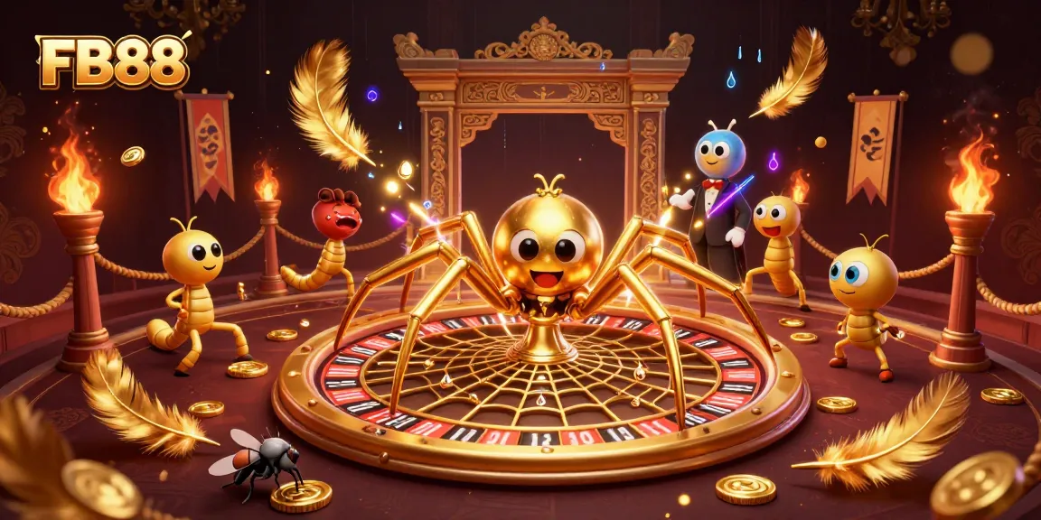 FB88 showcases thrilling bets with a golden spider roulette in a dynamic casino scene.