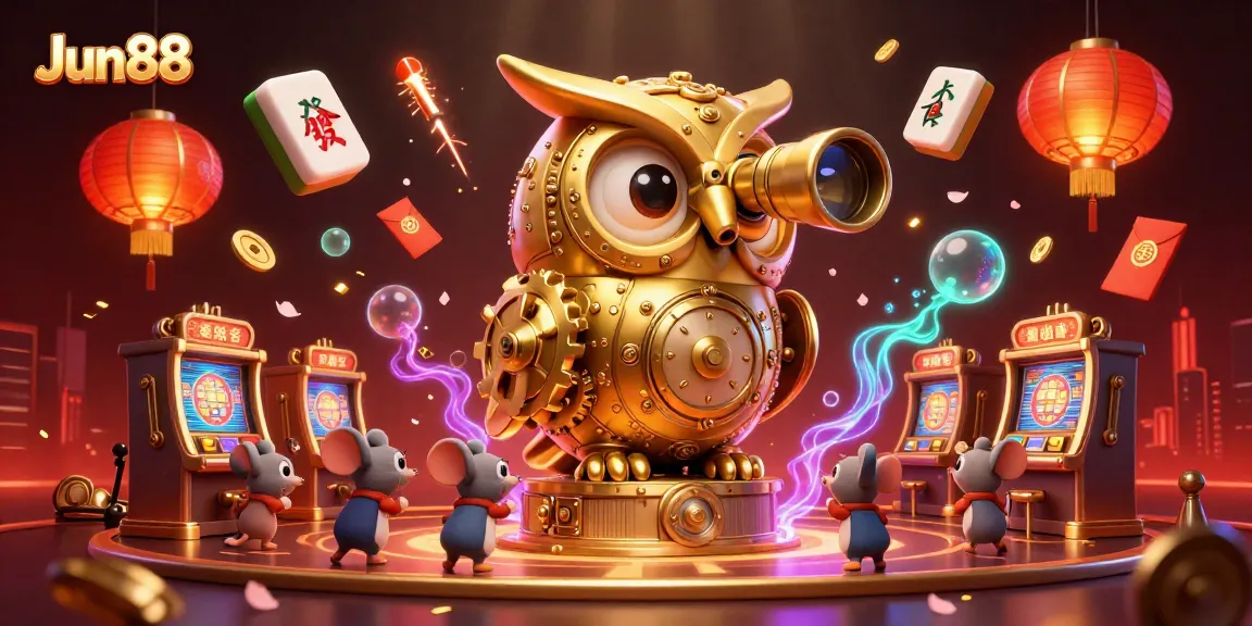 Experience the excitement at Jun88 casino with a vibrant 3D scene featuring a golden owl and mouse patrons amidst dynamic game elements.