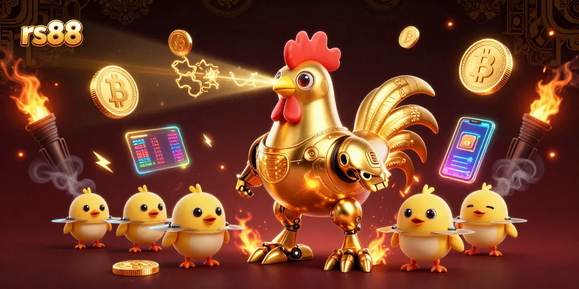 Experience thrilling gameplay at rs88 with vibrant action featuring golden rooster robot and crypto elements.