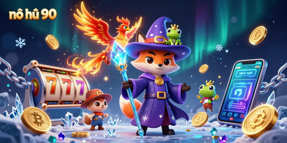 Engage with nổ hũ 90 in a vibrant 3D illustration featuring magical elements and dynamic game items.