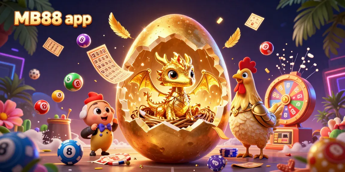 Experience the thrill of the MB88 app with a dazzling golden dragon and vibrant lottery elements.